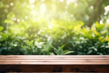 Wall Mural - Empty Wooden Table, Blurry Bokeh Green Natural Background. Autumn Spring Morning, Soft Light, Product Display, Ads Banner