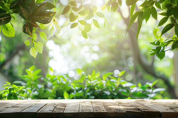 Wall Mural - Empty Wooden Table, Blurry Bokeh Green Natural Background. Autumn Spring Morning, Soft Light, Product Display, Ads Banner
