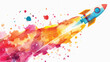Watercolor rocket flying with color splash background.