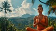 Attractive young woman with beautiful facial features practicing yoga against a mesmerizing landscape of jungle and mountains, bright lush colors, professional photo