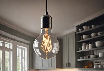 Modern kitchen with chandelier.