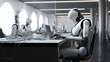 Advanced humanoid robots equipped with artificial intelligence work alongside each other in a high-tech office environment, showcasing the integration of robotics in the modern workplace.