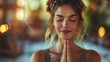Close up portrait of charming sensual caucasian woman doing yoga, healthy life concept, professional photo, free space for text, banner, blurred saturated color background