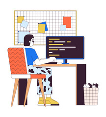 Poster - Asian woman working on computer 2D linear cartoon character. Korean female freelancer at home office isolated line vector person white background. Comfortable telework color flat spot illustration