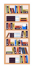 Poster - Shelving unit with files and folders 2D linear cartoon object. Bookcase in office isolated line vector element white background. Documents storage furniture color flat spot illustration