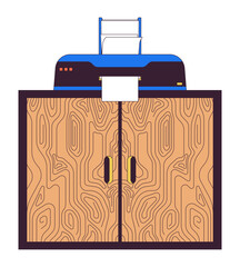 Poster - Printer with paper sheet on cabinet 2D linear cartoon objects. Printing device in office isolated line vector elements white background. Corporate interior design color flat spot illustration