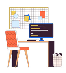 Poster - office worker desk with computer 2d linear cartoon objects. comfortable workplace with pc isolated l
