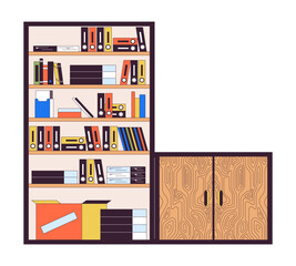 Poster - Bookshelves with wooden cabinet 2D linear cartoon objects. Modern office furnishing isolated line vector elements white background. Corporate interior design color flat spot illustration