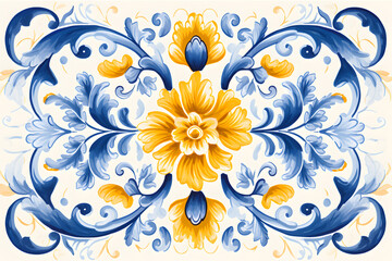 Pattern of Portuguese azulejos tiles. Rustic blue and yellow tile watercolor seamless pattern