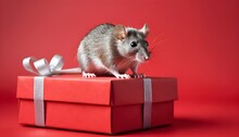 Rat On Gift Box.gift For New Year And Christmas Background