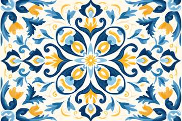 Pattern of Portuguese azulejos tiles. Rustic blue and yellow tile watercolor seamless pattern