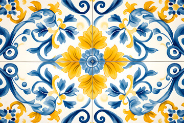 Pattern of Portuguese azulejos tiles. Rustic blue and yellow tile watercolor seamless pattern