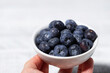 fresh blueberries in a white bowl in hand
