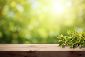 Wall Mural - Spring Flowers, Leaves, and Plants on Wooden Table Against Green Blur Bokeh Background