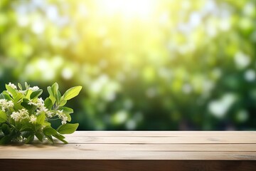 Wall Mural - Spring Flowers, Leaves, and Plants on Wooden Table Against Green Blur Bokeh Background