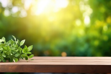 Wall Mural - Spring Flowers, Leaves, and Plants on Wooden Table Against Green Blur Bokeh Background