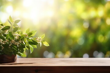 Wall Mural - Spring Flowers, Leaves, and Plants on Wooden Table Against Green Blur Bokeh Background