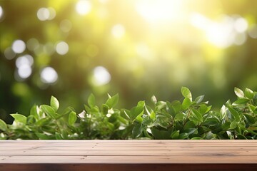 Wall Mural - Spring Flowers, Leaves, and Plants on Wooden Table Against Green Blur Bokeh Background