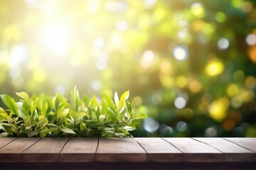 Wall Mural - Spring Flowers, Leaves, and Plants on Wooden Table Against Green Blur Bokeh Background