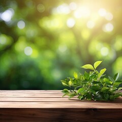 Wall Mural - Spring Flowers, Leaves, and Plants on Wooden Table Against Green Blur Bokeh Background