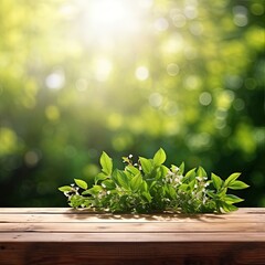 Wall Mural - Spring Flowers, Leaves, and Plants on Wooden Table Against Green Blur Bokeh Background