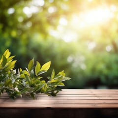 Wall Mural - Spring Flowers, Leaves, and Plants on Wooden Table Against Green Blur Bokeh Background