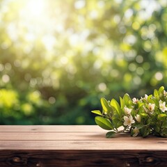 Wall Mural - Spring Flowers, Leaves, and Plants on Wooden Table Against Green Blur Bokeh Background