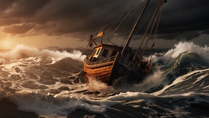 Poster - Vessel facing colossal waves during a storm at sea.