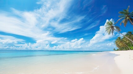 Wall Mural - Beach with Palm Trees, Blue Sky, and White Clouds, Summer Vacation Paradise Landscape Wallpaper Background