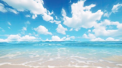 Wall Mural - Beautiful Tropical Sea Beach with Blue Sky, White Clouds, and Reflection Summer Vacation Paradise Travel Landscape Wallpaper Background