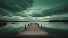 Wooden Dock With Reflection Lake Water In Green And Blue Vibe