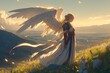 A beautiful angel with large feathered wings stands at the top of a mountain. She has blonde hair and is wearing an elegant white dress. 