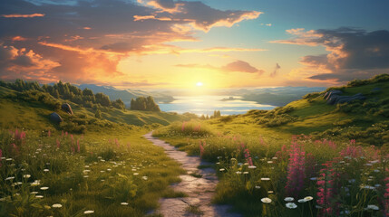 Beautiful sunrise or sunset over the green meadow mountains, valley, blue sky, sun rays, with spring flowers. peaceful, tranquil morning landscape countryside background