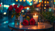 Romantic table setting with red roses and a lit candle on a wooden round table against a warm intimate backdrop