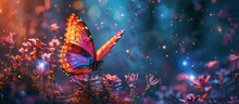 Bright Colorful Tropical Butterfly In A Mysterious Forest Against The Backdrop Of The Cosmic Starry Sky 