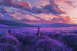 Illustration of lavender field with a view in the morning. Colorful and minimal anime aesthetics style. AI Generative.