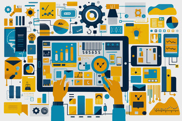 Poster - A tablet with a bunch of icons and a clock on it