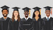 © Marina_Nov - Group of different multiethnic graduates in black caps and gowns with diplomas. University students on a gray background. Flat illustration. Copy space.