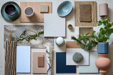 mood board for neutral , wood, pastel green ceramic and blue color  design 