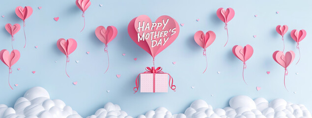 Wall Mural - Happy Mother's Day background with paper art heart balloon and gift box