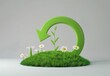 Eco friendly living concept: green grass arrow symbol with leaf icon pointing up among beautiful meadow