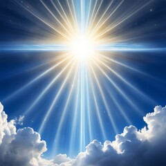 Wall Mural - sun in the blue sky with clouds and rays of light shining through. AI generated