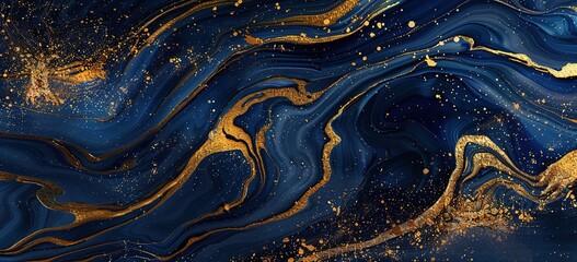 Poster - Elegant waves of deep blue and gold: a mesmerizing dance of colors that captures the ethereal beauty of ocean waves under a starry night sky