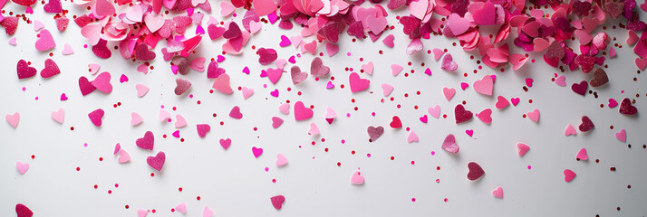 Wall Mural - Red and pink heart love confettis. Valentine's day or mother's day gradient background. Falling transparent hearts confetti on white background.