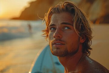 Wall Mural - handsome blonde california surfer is enjoying his outdoor activity on the beach along the coast line under the sunny California sun