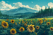Illustration of sunflower field with a view in the morning. Colorful and minimal anime aesthetics style. AI Generative.