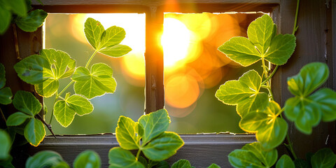 Wall Mural - A window with a view of green leaves and a sun shining through it