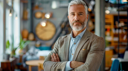 portrait of confident businessman standing with arms crossed in modern office, casual business suit and gray hair on the head