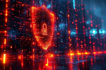 Poster - 3D illustration of a shield with a lock icon surrounded by digital data and cyber security elements
