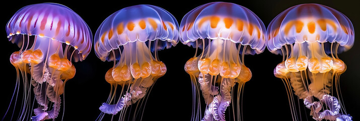 Wall Mural - Four jellyfish with orange and white stripes are shown in a black background